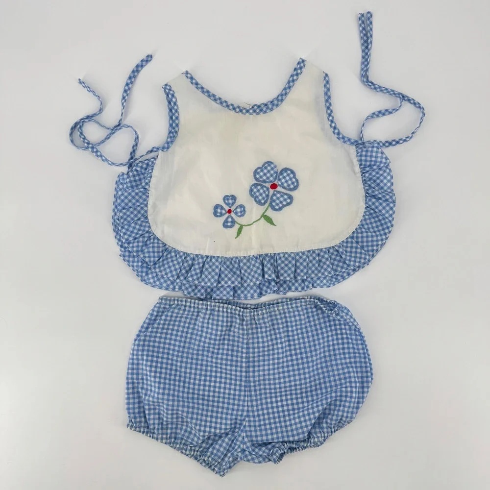 Vintage Kmart Baby‎ Girls 12M Blue Gingham Floral Pinafore Top Bloomers Set 2PC
